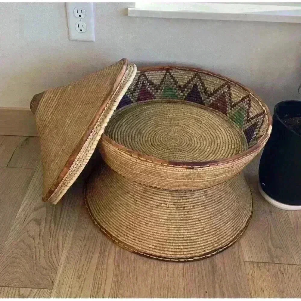 Antique Large woven basket With Lid Reversible Pointed Coil Cone Leather Piping